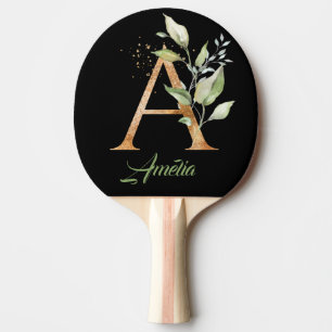 Raquete De Ping Pong Monograma Uma folha de ouro verde eucalipto faux 