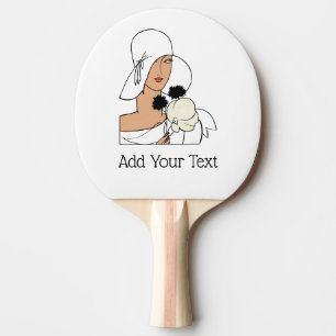 Raquete De Ping Pong Mulher Art Déco Vintage com Flores Usando Chapéu C