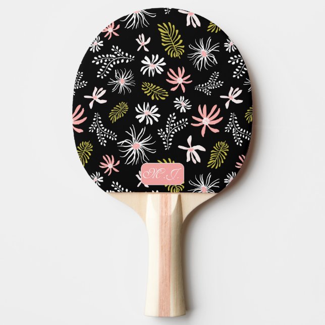Raquete De Ping Pong Na moda exclusivo pessoal preto e rosa floral (Frente)
