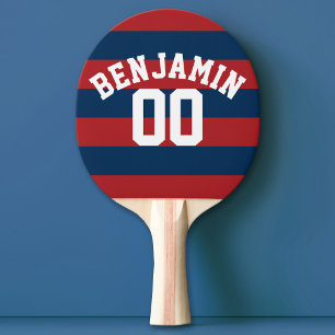 Raquete De Ping Pong Navy Blue and Red Rugby Stripes Name Number