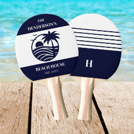 Raquete De Ping Pong Navy Stripes Palm Tree Monogram Family Coastal