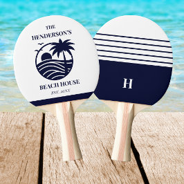 Raquete De Ping Pong Navy Stripes Palm Tree Monogram Family Coastal