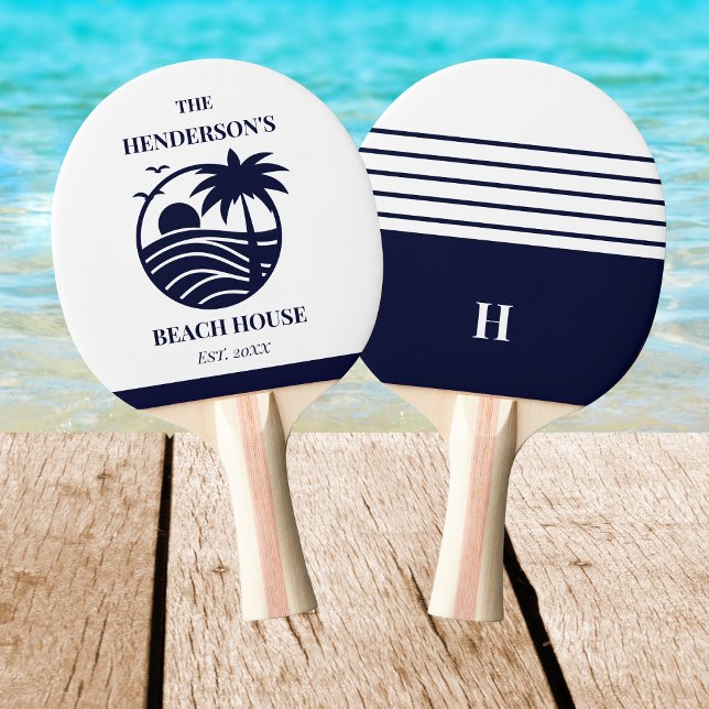 Raquete De Ping Pong Navy Stripes Palm Tree Monogram Family Coastal (Criador carregado)