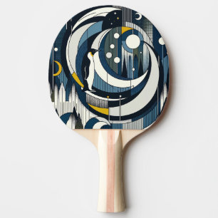 Raquete De Ping Pong Noite Geométrica Azul marinho com Lua e Pinguim