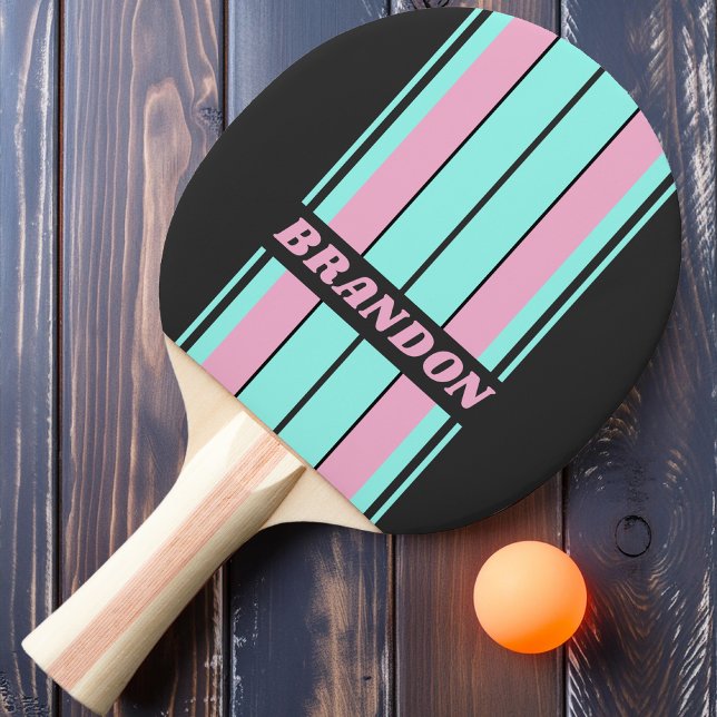 Raquete De Ping Pong Noite Retro Placa Prismática Listras com Nome (Criador carregado)