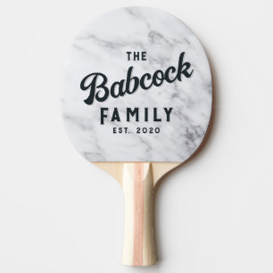 Raquete De Ping Pong Nome de Família Retro em Pedra de Mármore Branco L
