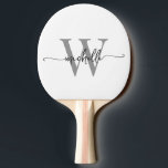 Raquete De Ping Pong Nome de monograma personalizado com escrita modern<br><div class="desc">Raquete de Ping Pong personalizada com nome e monograma em branco e cinza, letra cursiva. Este design com o seu primeiro nome em uma linda tipografia de letra manuscrita com cauda swash (ou caligrafia) com monograma inicial em cinza e preto sobre branco. Estes são fáceis de personalizar. Ótimo presente feminino...</div>