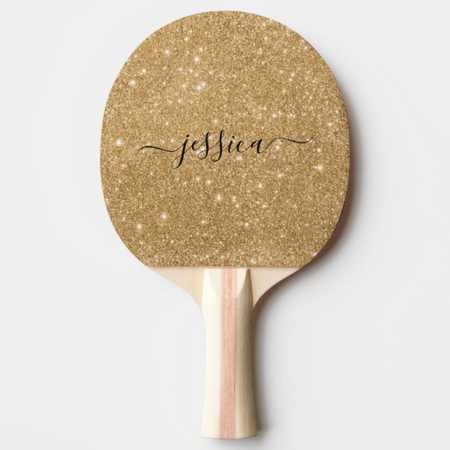 Raquete De Ping Pong nome de script de brilho Dourado (Frente)