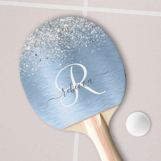 Raquete De Ping Pong Nome do Monograma da Glitter de Prata de Metal Bru