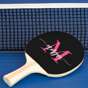 Raquete De Ping Pong Nome do Monograma da Rapariga Preta-Rosa Quente
