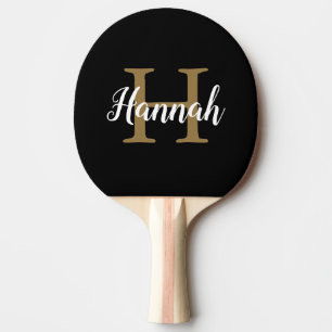 Raquete De Ping Pong Nome do Monograma de Script Dourado Preto Minimali