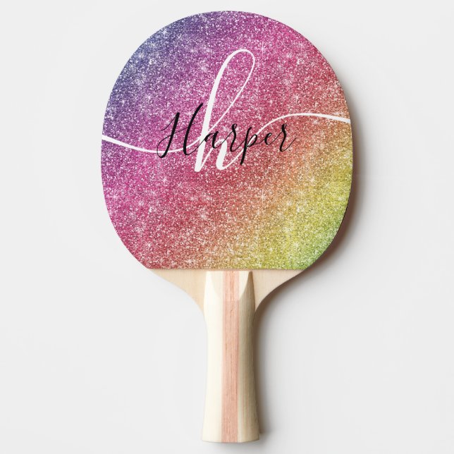 Raquete De Ping Pong Nome do Monograma do Rainbow Glitter (Frente)