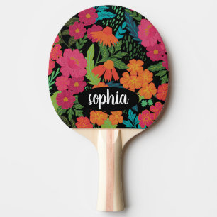 Raquete De Ping Pong Nome do monograma negro floral colorido