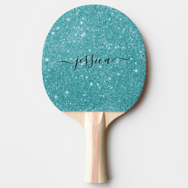 Raquete De Ping Pong Nome do script de brilho de turquesa moderno (Frente)
