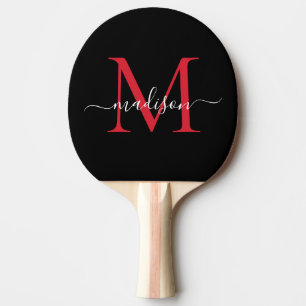 Raquete De Ping Pong Nome do Script Elegante do Monograma Vermelho Negr