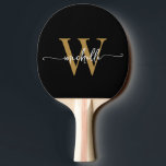 Raquete De Ping Pong Nome do Script Monograma Personalizado Moderno Our<br><div class="desc">Raquete de Ping Pong personalizada com nome e monograma feminino em preto e dourado. Este design com o primeiro nome em uma linda tipografia de letra manuscrita (ou caligrafia) com cauda ornamentada e monograma inicial em dourado e branco sobre preto. São fáceis de personalizar. Ótimo presente feminino e elegante para...</div>
