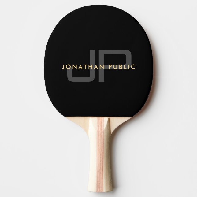Raquete De Ping Pong Nome Dourado Elegante Moderno Monograma Preto (Frente)