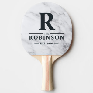 Raquete De Ping Pong Nome e Inicial da Família em Mármore Branco Limpo