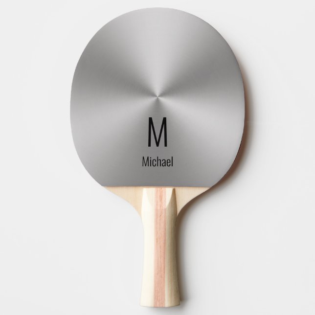 Raquete De Ping Pong Nome e Monograma Moderno Faux Silver (Frente)
