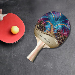 Raquete De Ping Pong Nome Manuscrito Moderno em Fractal Azul Dourado
