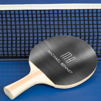 Raquete De Ping Pong Nome Monograma Metálico Preto Elegante