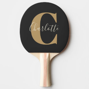 Raquete De Ping Pong Nome Monograma Moderno Elegante em Preto Dourado