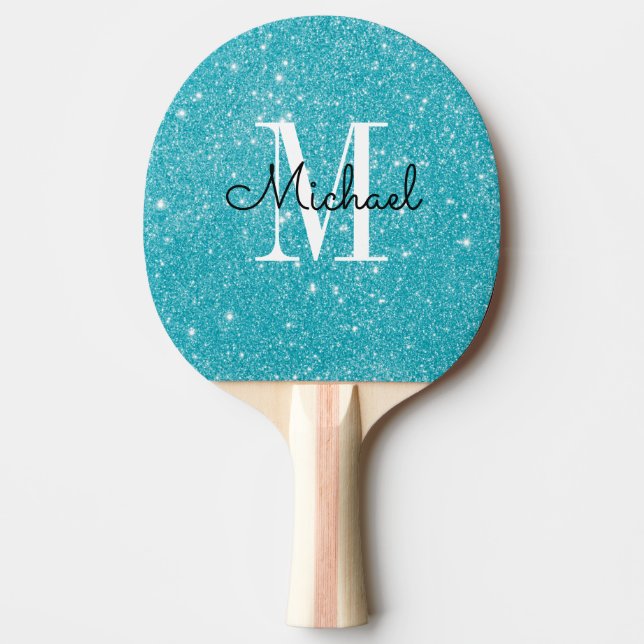 Raquete De Ping Pong Nome Personalizado do Monograma Azul Moderno (Frente)