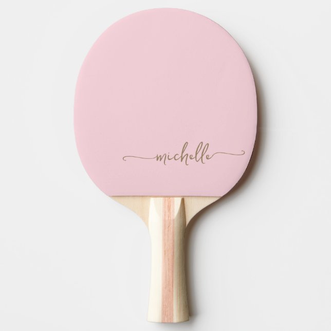 Raquete De Ping Pong Nome Personalizado em Dourado Script Rosa Bege (Frente)