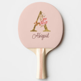 Raquete De Ping Pong Nome Personalizado Folha de Ouro Blush Rosas Rosa