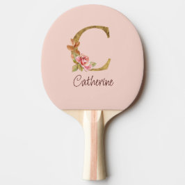 Raquete De Ping Pong Nome Personalizado Folha Dourada Rosas Rosa Carta