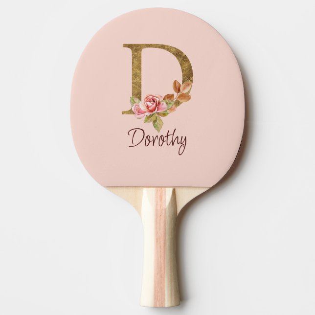 Raquete De Ping Pong Nome Personalizado Folha Ouro Rosas Rosa Espelhada (Frente)