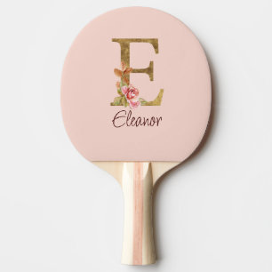 Raquete De Ping Pong Nome Personalizado Letra E Folha Dourada Rosas Ros