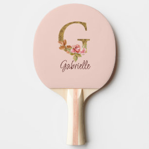 Raquete De Ping Pong Nome Personalizado Letra G Folha Dourada Rosa Bege