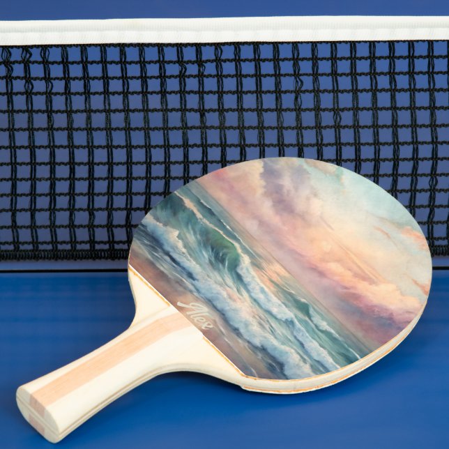 Raquete De Ping Pong Oceano Majestoso Ondas Sunset Aquarela Costeira (Insitu)