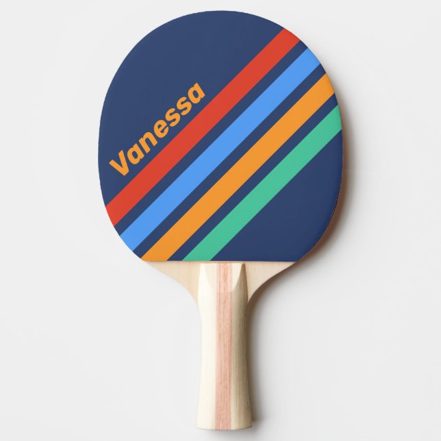 Raquete De Ping Pong Old School Retro Rainbow Angled Striping with Name (Frente)