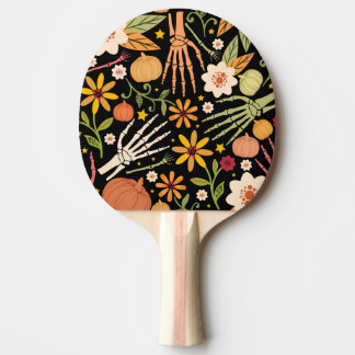 Raquete De Ping Pong Ossos de Halloween, padrão floral uniforme.