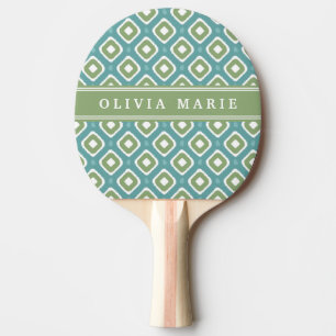 Raquete De Ping Pong Padrão de Mod de Ikat Verde Azul com Nome