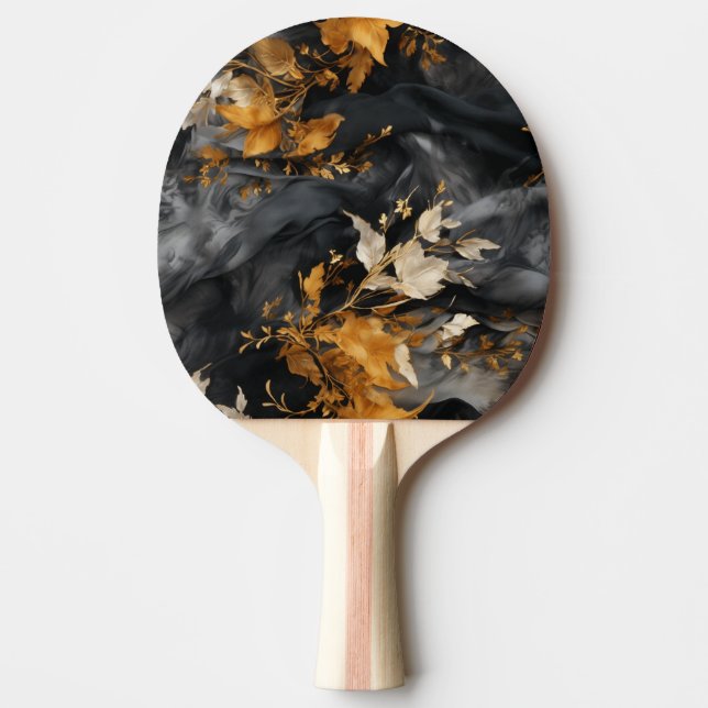 Raquete De Ping Pong Padrão Dourado Floral  Elegante Preto (Frente)