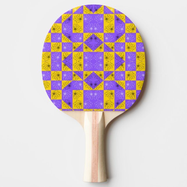 Raquete De Ping Pong Padrão floral do Checkerboard roxo e ouro moderno (Frente)