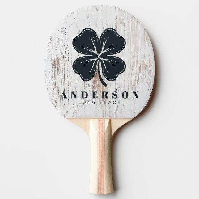 Raquete De Ping Pong Painted White Wood Four Leaf Clover with Name (Verso)