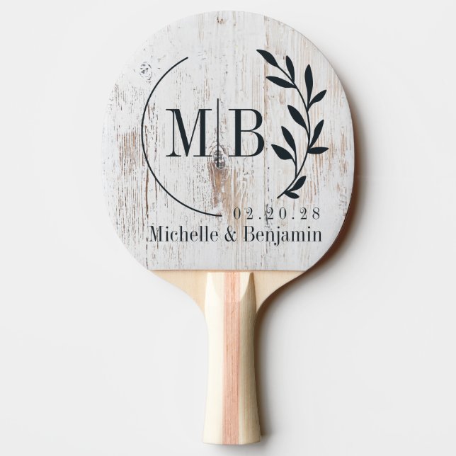 Raquete De Ping Pong Painted White Wood Leaf Wedding Monogram (Verso)