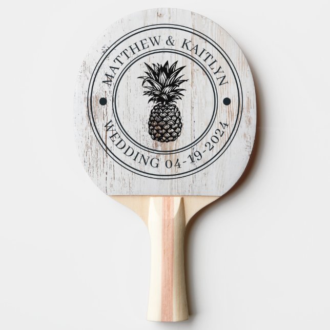 Raquete De Ping Pong Painted White Wood Pineapple Wedding Crest & Names (Verso)