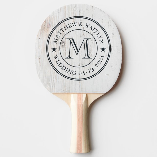 Raquete De Ping Pong Painted White Wood Wedding Monogram Star (Frente)