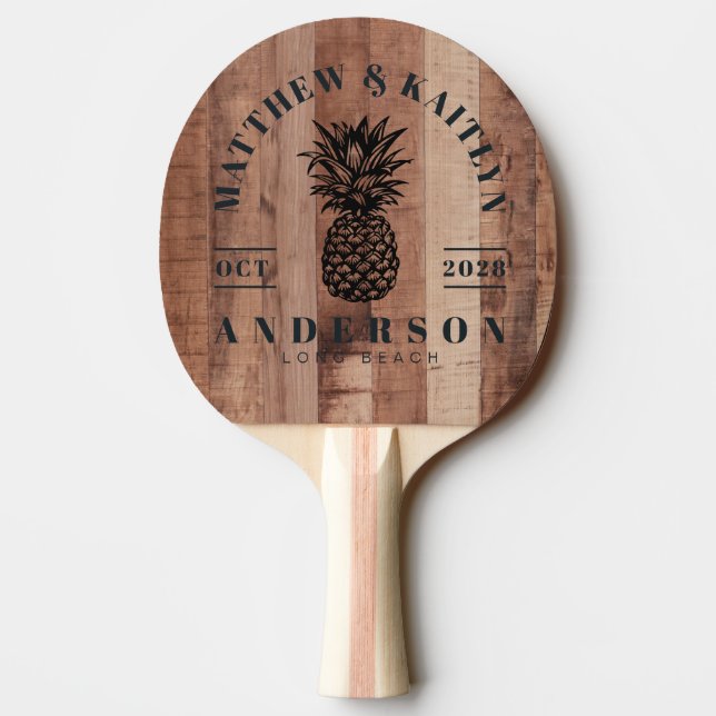 Raquete De Ping Pong Pallet Wood Board Tropical Pineapple Wedding Crest (Verso)