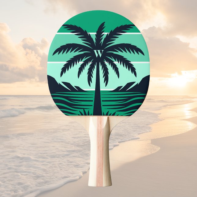 Raquete De Ping Pong Palm Tree Silhouette Black Striped Green Monogram (Criador carregado)
