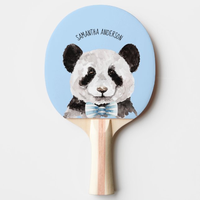 Raquete De Ping Pong Panda Moderna De Aquarela Com Nome E Pastel Azul (Frente)