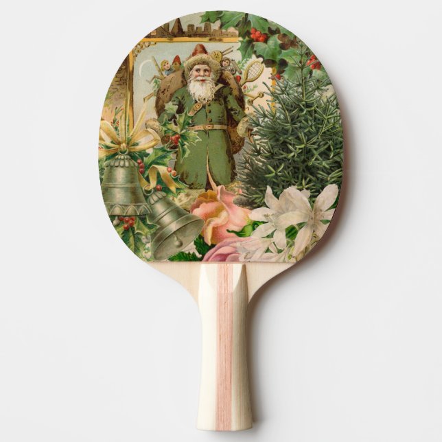 Raquete De Ping Pong Papai Noel Natal Antiquado Bela Arte (Frente)