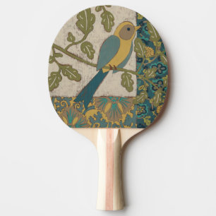 Raquete De Ping Pong Pássaro Amarelo e Azul Teal Empoleirado em uma ra