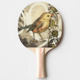 Raquete De Ping Pong Pássaro Amarelo e Verde no fundo da vinhagem