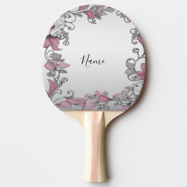 Raquete De Ping Pong Patilho Pino Pino Pino Floral Branco Prateado Rosa (Frente)